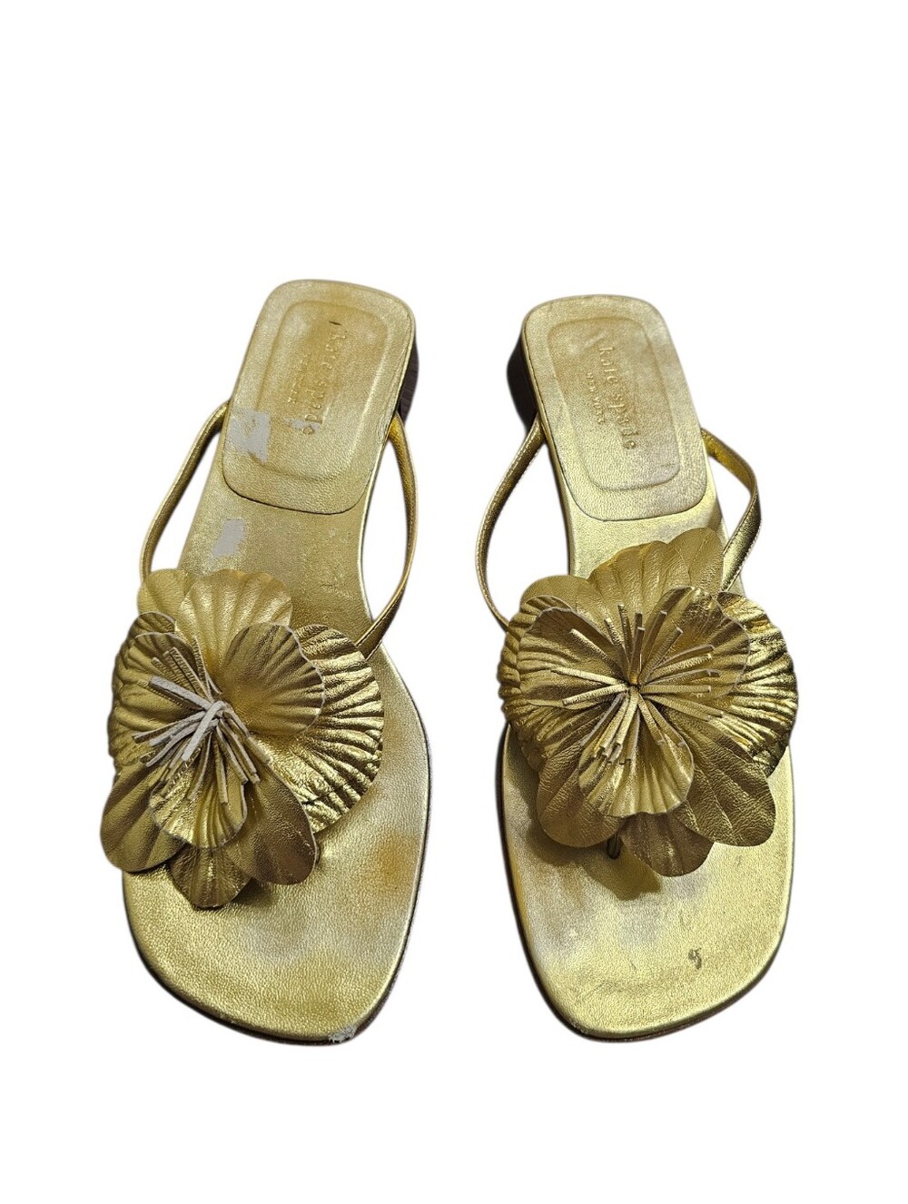Y2k Vintage kate spade Leather Metallic Gold Floral Strap Square Toe Sandals